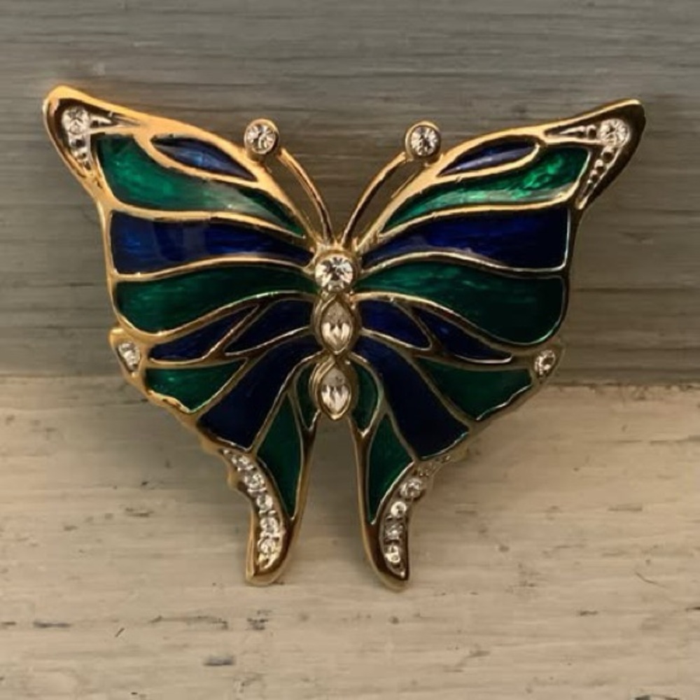 Beautiful‎ Green Black Rhinestone Gold Butterfly Brooch Pin Good Condition